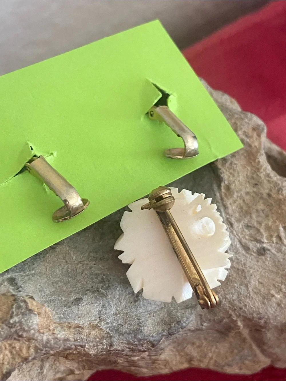 Vintage Carved Celluloid Rose Broach & Clip Earrings Set